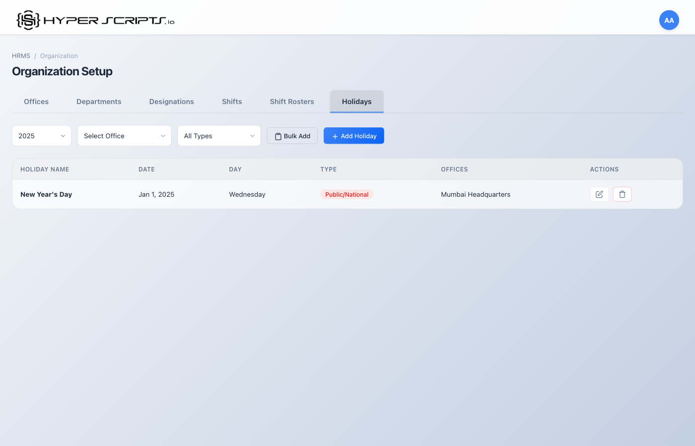 Holiday List with One