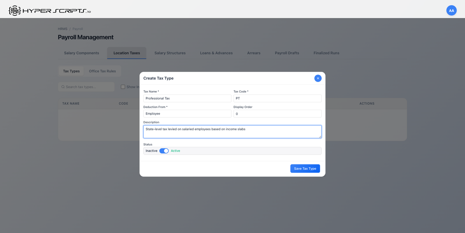 Tax Type Modal Filled