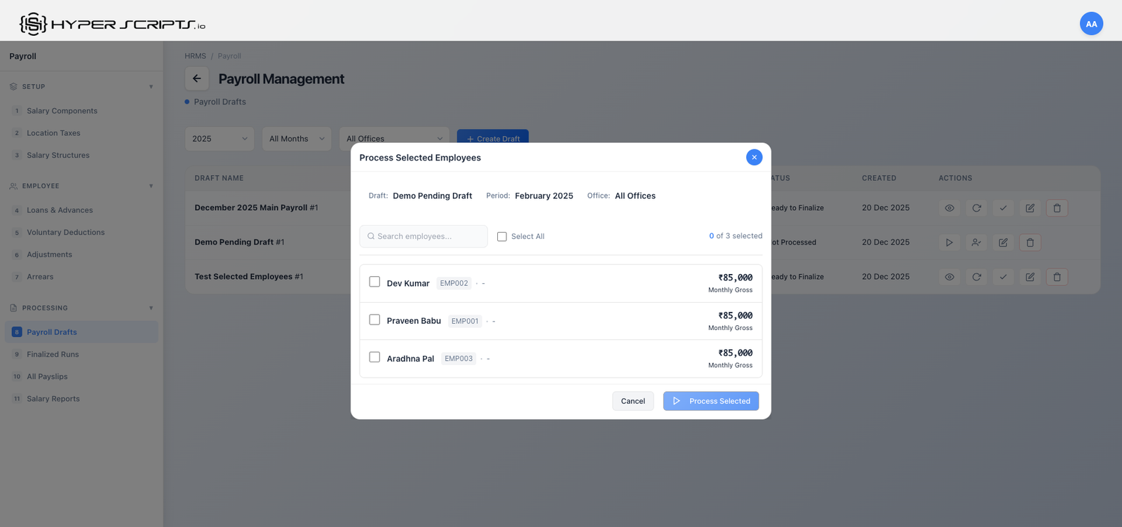 Process Selected Employees Modal