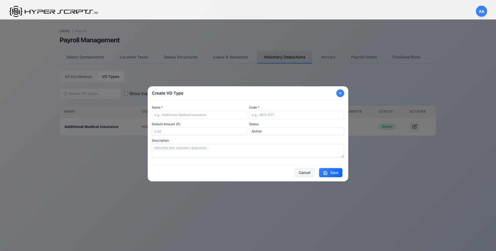 Create VD Type Modal Empty