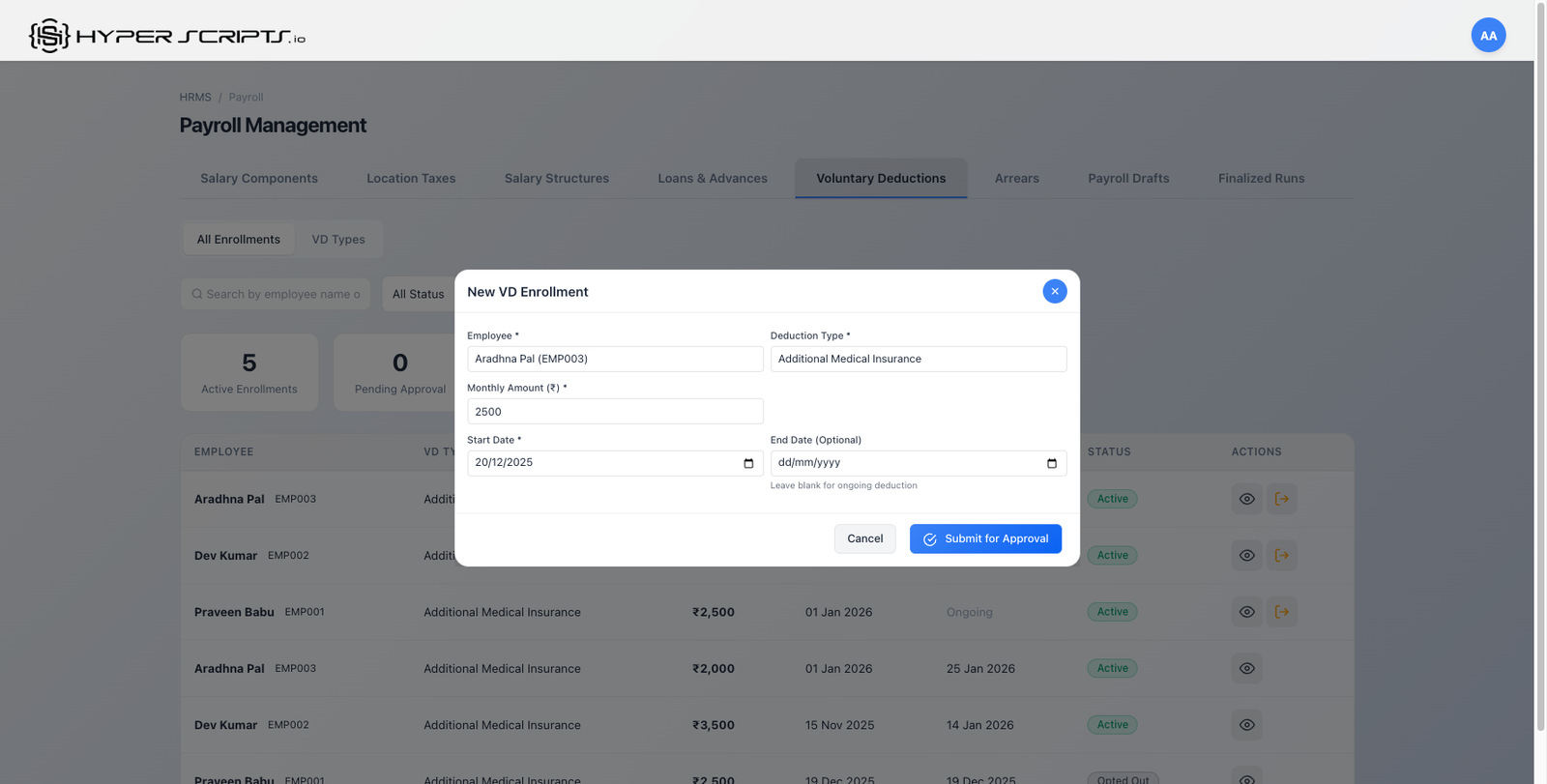 New Enrollment Modal Filled