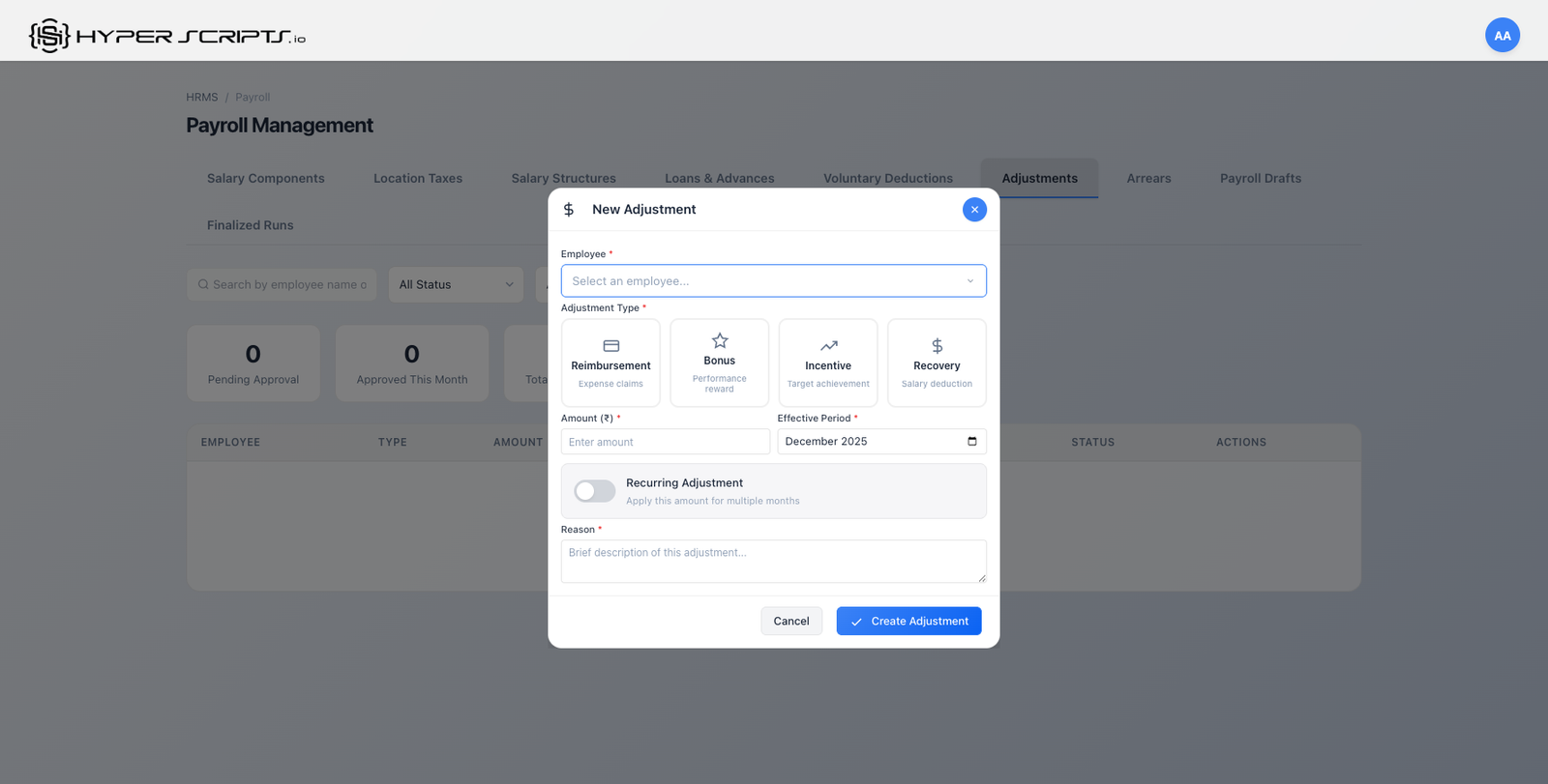 New Adjustment Modal Empty