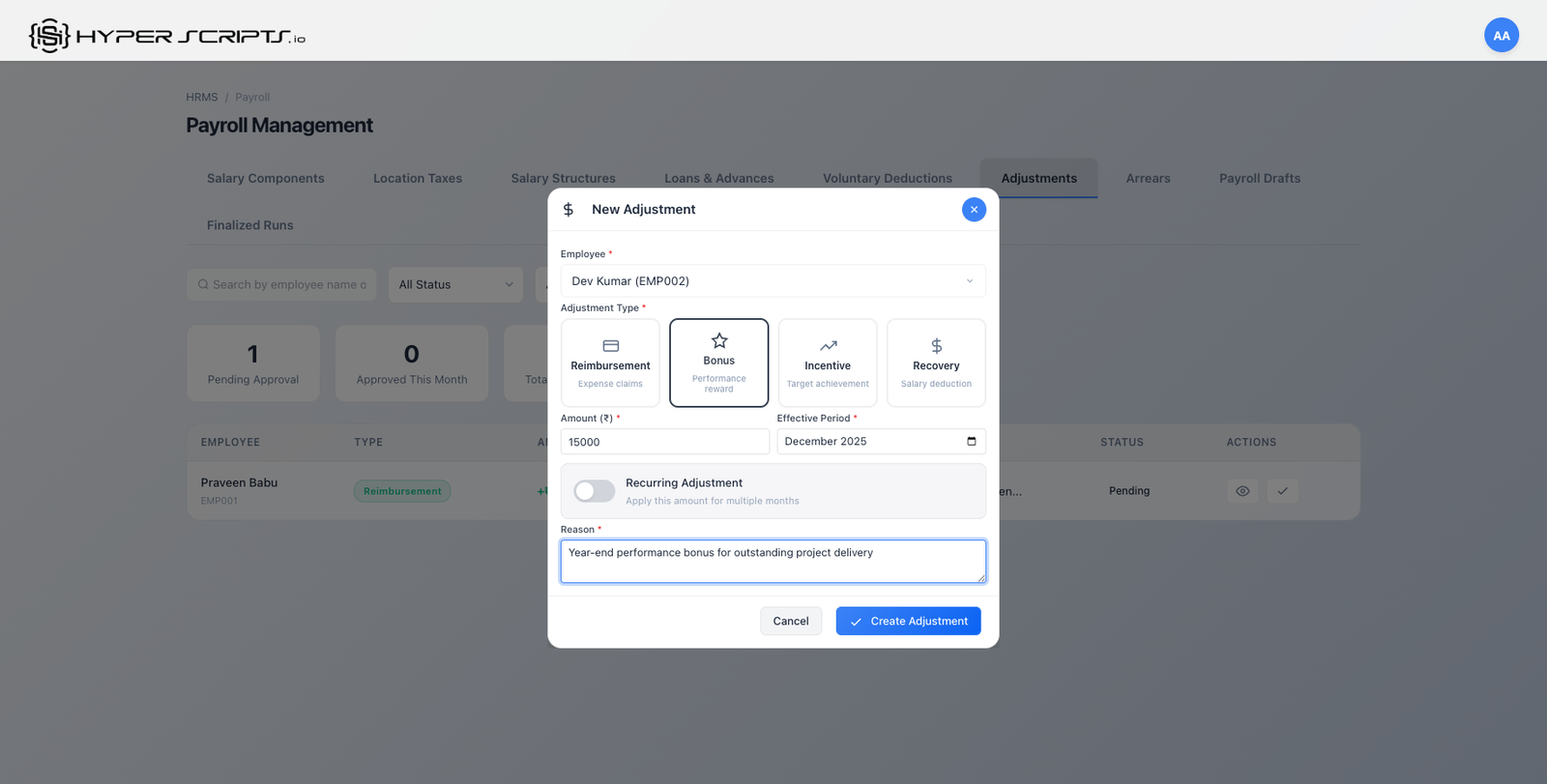 Bonus Adjustment Form